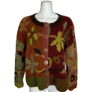 Tara Handknits Handspun Wool Cardigan Sweater L Floral Chunky Button Up Hippie